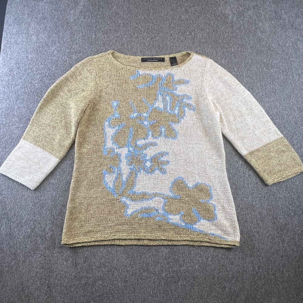 Vtg Crazy Horse Collection Liz Claiborne Knit Sweater‎ Floral Beige M Coastal